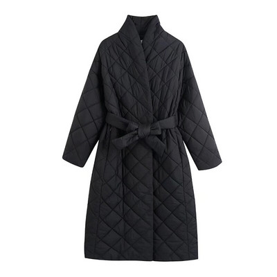 Ardm gara taisna ziemas jaka sieviešu mētelis ar rombveida rakstu ikdienišķas jostas Sieviešu parkas Lielizmēra dūnu kokvilnas topi Ārdrēbes