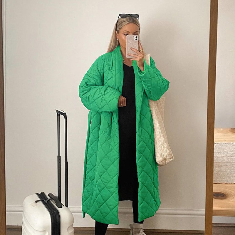 Ardm gara taisna ziemas jaka sieviešu mētelis ar rombveida rakstu ikdienišķas jostas Sieviešu parkas Lielizmēra dūnu kokvilnas topi Ārdrēbes