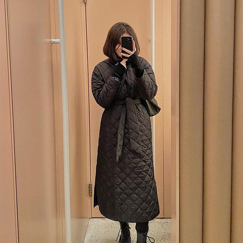 Ardm gara taisna ziemas jaka sieviešu mētelis ar rombveida rakstu ikdienišķas jostas Sieviešu parkas Lielizmēra dūnu kokvilnas topi Ārdrēbes