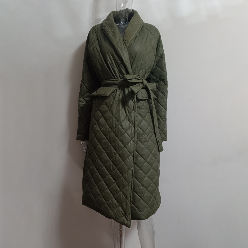 Ardm gara taisna ziemas jaka sieviešu mētelis ar rombveida rakstu ikdienišķas jostas Sieviešu parkas Lielizmēra dūnu kokvilnas topi Ārdrēbes