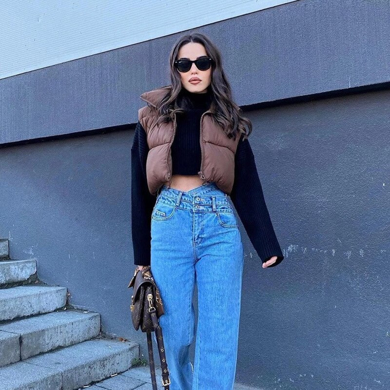 Sieviešu pufīga veste ar rāvējslēdzēju, stāva apkakle bez piedurknēm, viegla, polsterēta, apgriezta, stepēta veste, ziemas silta mēteļa jaka 2022. gada jaunums