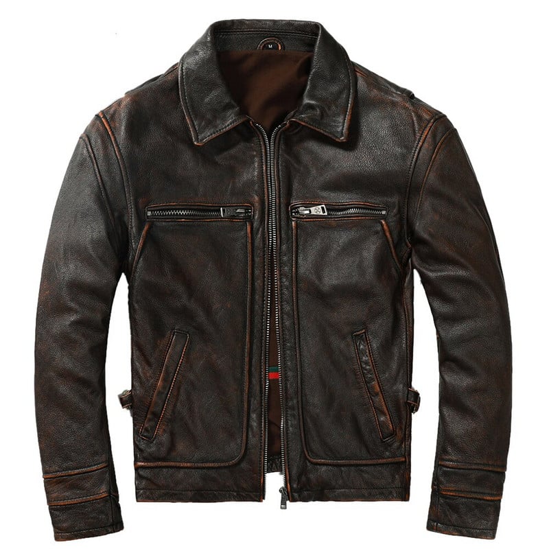 Jachetă de piele vintage pentru bărbați, groasă, 100% piele de vacă naturală, haină motociclist, iarnă, îmbrăcăminte pentru bărbați din piele naturală, 3 culori M100