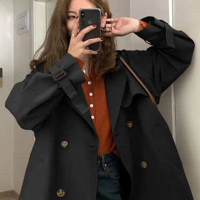 Κοντή τράμπα σε στυλ Αγγλίας με ζώνη Γυναικεία μόδα πέτο Διπλό σλέιζερ Άνοιξη φθινόπωρο μονόχρωμα πέτο Κομψό λεπτό παλτό