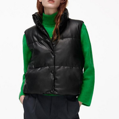 2022 balta melna mākslīgās ādas veste sieviešu rāvējslēdzējs PU jakas Sieviešu veste Kokvilna Polsterēta bezpiedurknēm parka traf