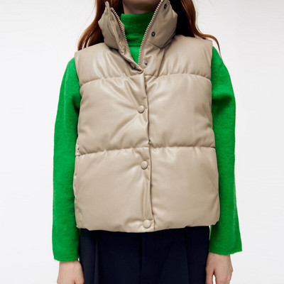 2022 balta melna mākslīgās ādas veste sieviešu rāvējslēdzējs PU jakas Sieviešu veste Kokvilna Polsterēta bezpiedurknēm parka traf