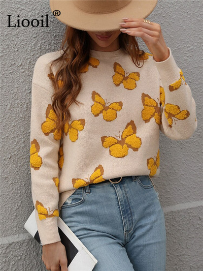 Tauriņu apdrukas džemperis Sieviešu silti džemperi ar garām piedurknēm trikotāžas topi Džemperi Adīšana Rudens ziemas biezi adīti džemperi