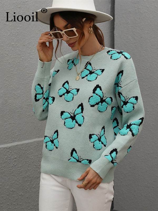 Tauriņu apdrukas džemperis Sieviešu silti džemperi ar garām piedurknēm trikotāžas topi Džemperi Adīšana Rudens ziemas biezi adīti džemperi