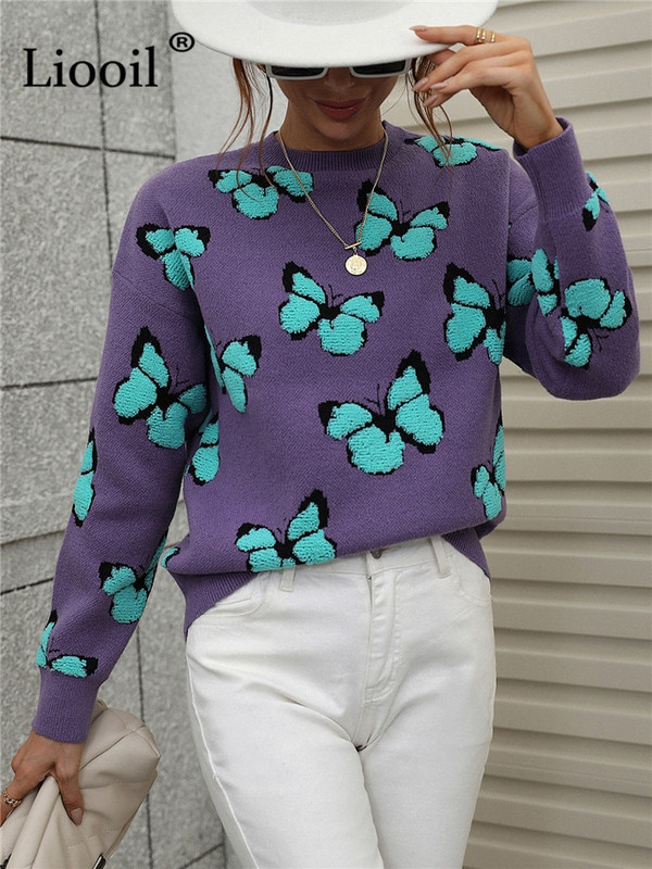 Tauriņu apdrukas džemperis Sieviešu silti džemperi ar garām piedurknēm trikotāžas topi Džemperi Adīšana Rudens ziemas biezi adīti džemperi