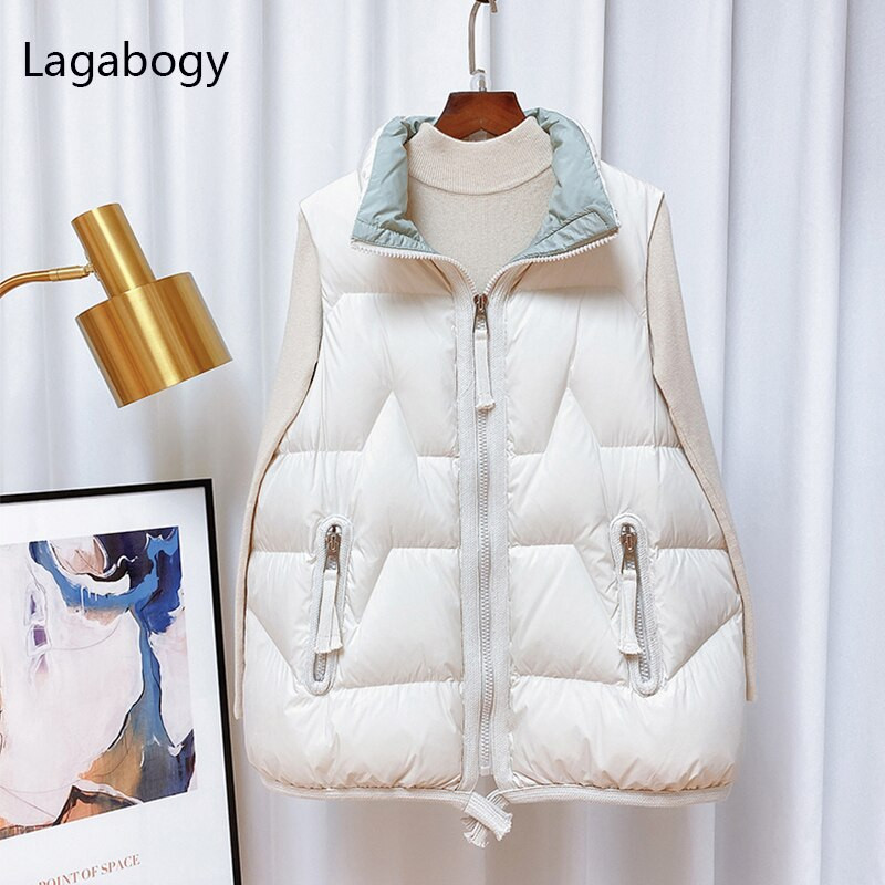 Lagabogy 2022. gada jauns sieviešu ziemas mētelis bez piedurknēm, balts, pīles dūnu veste, ikdienas silta, īsa pufīga veste, vēja necaurlaidīga sieviešu veste
