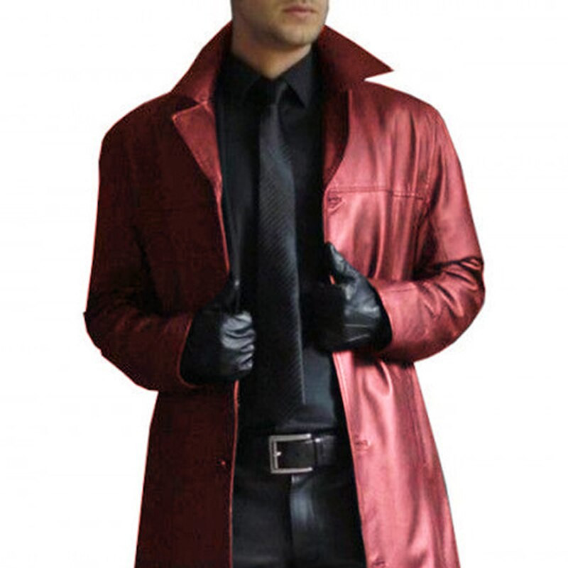 Modes PU ādas jakas Vīriešu rudens ziemas siltas garas mākslīgās ādas mēteļi vintage vienkrāsains mētelis vīriešu virsdrēbes virsjakas