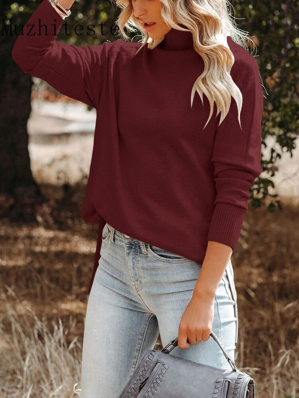 Jesen zima novi ženski džemper s visokim ovratnikom čiste boje, nepravilan džemper korejske mode, ženski džemper dugih rukava