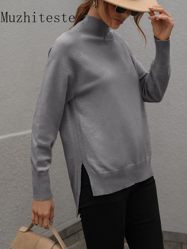 Jesen zima novi ženski džemper s visokim ovratnikom čiste boje, nepravilan džemper korejske mode, ženski džemper dugih rukava