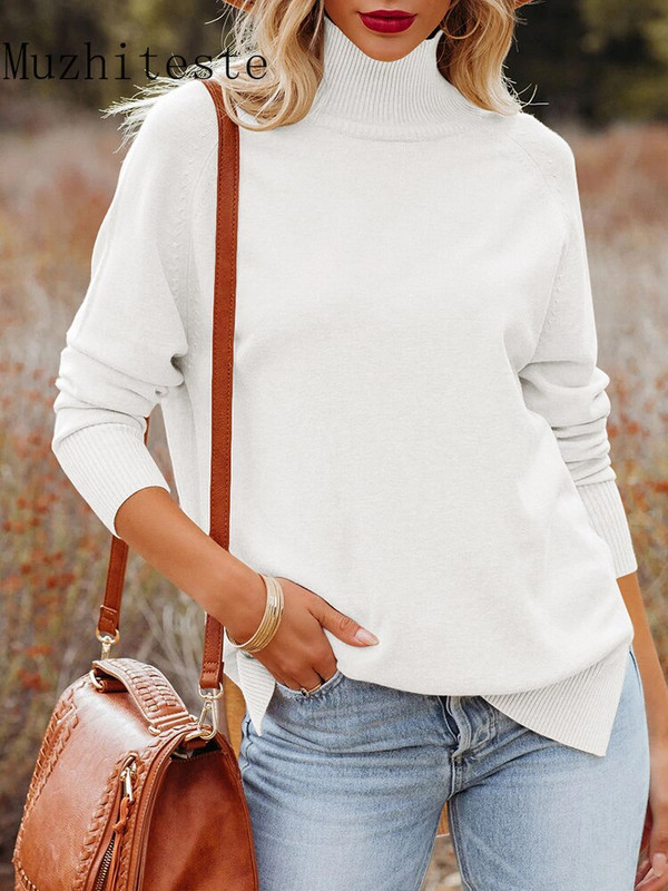 Jesen zima novi ženski džemper s visokim ovratnikom čiste boje, nepravilan džemper korejske mode, ženski džemper dugih rukava