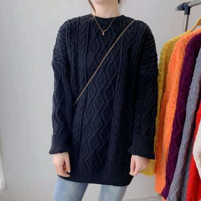 Sieviešu rudens un ziemas garš, biezs džemperis korejiešu versija Lazy brīvs džemperis vienkrāsains apaļa kakla mētelis modes džemperis