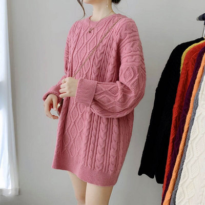 Sieviešu rudens un ziemas garš, biezs džemperis korejiešu versija Lazy brīvs džemperis vienkrāsains apaļa kakla mētelis modes džemperis