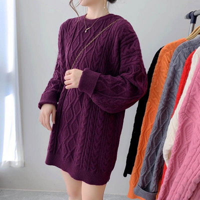 Sieviešu rudens un ziemas garš, biezs džemperis korejiešu versija Lazy brīvs džemperis vienkrāsains apaļa kakla mētelis modes džemperis