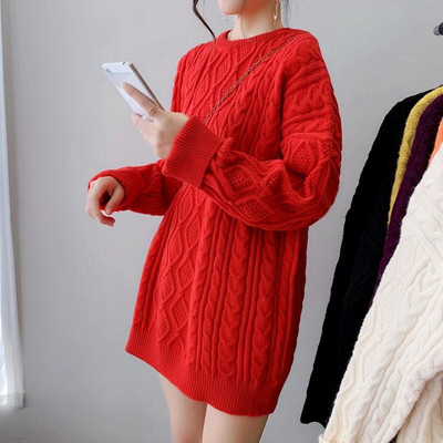 Sieviešu rudens un ziemas garš, biezs džemperis korejiešu versija Lazy brīvs džemperis vienkrāsains apaļa kakla mētelis modes džemperis