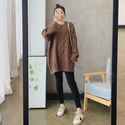 Sieviešu rudens un ziemas garš, biezs džemperis korejiešu versija Lazy brīvs džemperis vienkrāsains apaļa kakla mētelis modes džemperis