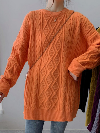 Sieviešu rudens un ziemas garš, biezs džemperis korejiešu versija Lazy brīvs džemperis vienkrāsains apaļa kakla mētelis modes džemperis