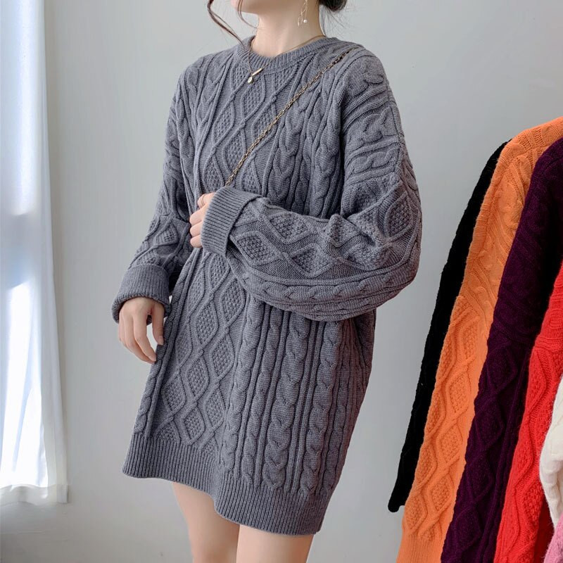 Sieviešu rudens un ziemas garš, biezs džemperis korejiešu versija Lazy brīvs džemperis vienkrāsains apaļa kakla mētelis modes džemperis