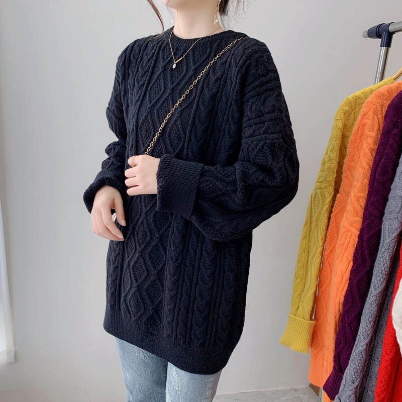 Sieviešu rudens un ziemas garš, biezs džemperis korejiešu versija Lazy brīvs džemperis vienkrāsains apaļa kakla mētelis modes džemperis