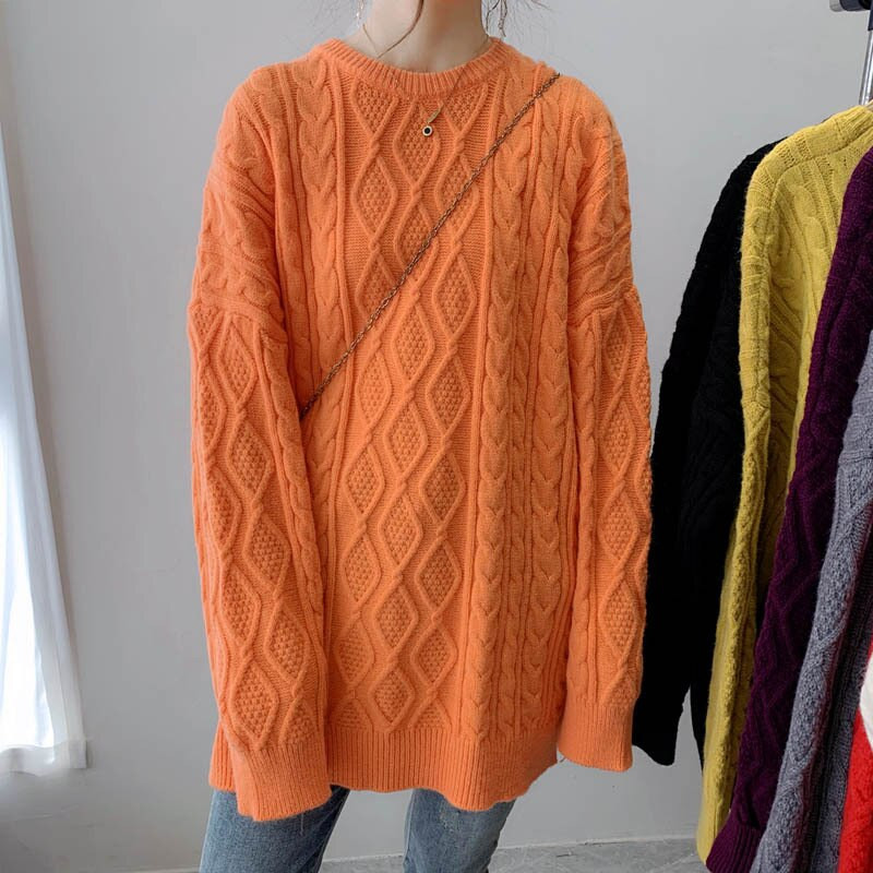 Sieviešu rudens un ziemas garš, biezs džemperis korejiešu versija Lazy brīvs džemperis vienkrāsains apaļa kakla mētelis modes džemperis