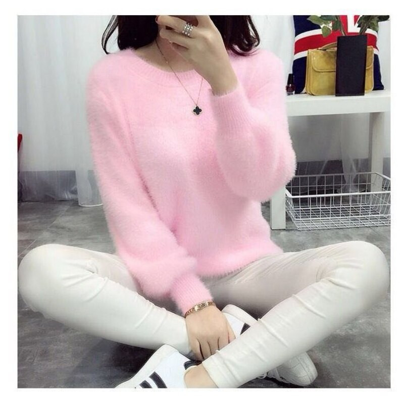 QNPQYX Winter Fashion Νέο γυναικείο πουλόβερ με στρογγυλή λαιμόκοψη Κορεάτικο πουλόβερ μονόχρωμο άλογο τριχωτό χαλαρό κυρία με χοντρό τζάμπερ