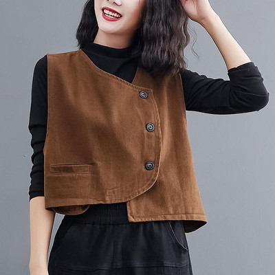 Jauna sieviešu brīva veste kokvilnas V veida kakla piedurkņu poga vienkrāsains ikdienas mētelis 2022. gada pavasara korejiešu stila vintage, vienkāršs, mājīgs vestes tops