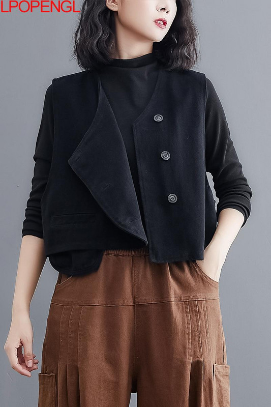 Jauna sieviešu brīva veste kokvilnas V veida kakla piedurkņu poga vienkrāsains ikdienas mētelis 2022. gada pavasara korejiešu stila vintage, vienkāršs, mājīgs vestes tops