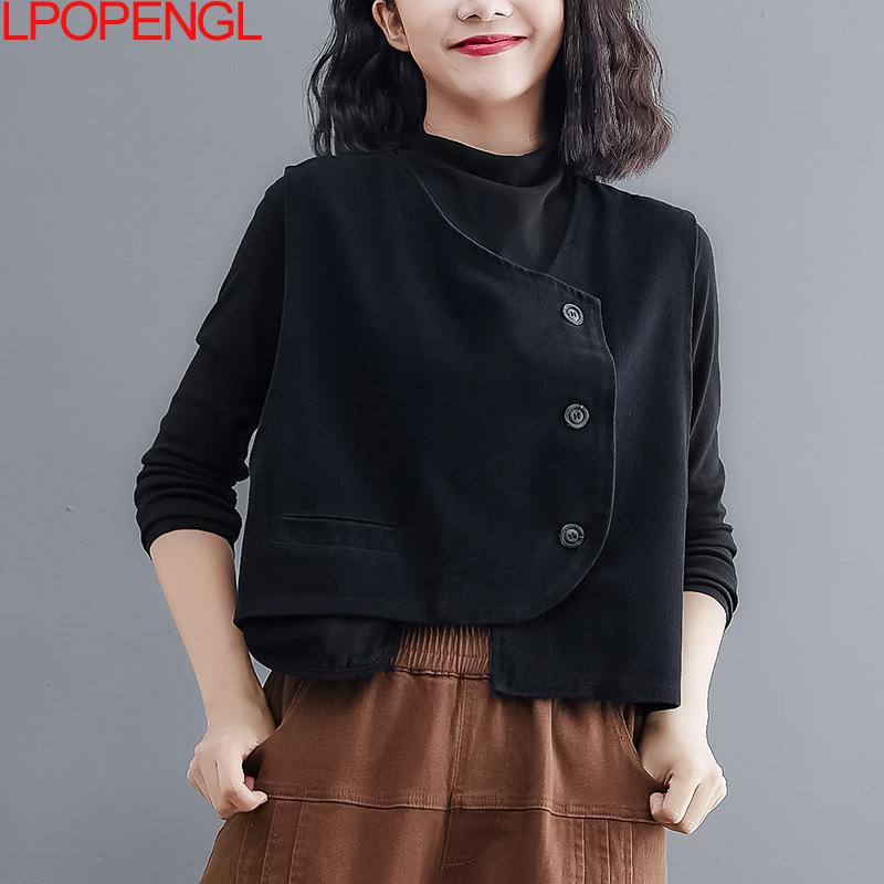 Jauna sieviešu brīva veste kokvilnas V veida kakla piedurkņu poga vienkrāsains ikdienas mētelis 2022. gada pavasara korejiešu stila vintage, vienkāršs, mājīgs vestes tops