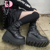 DoraTasia Gothic Punk Street Дамски боти до глезена На танкетка с високи токчета Къси ботуши Нов моден дизайн Обувки за косплей с нитове
