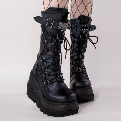 DoraTasia Gothic Punk Street Дамски боти до глезена На танкетка с високи токчета Къси ботуши Нов моден дизайн Обувки за косплей с нитове