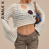 D.Nale K Y2K Hollow Out Knit Smock Top Γυναικεία Πουλόβερ με βελονάκι Crop Tops Vintage Loose Distressed Fairy Cover-up Grunge πουλόβερ