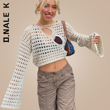 D.Nale K Y2K Hollow Out Knit Smock Top Дамски плетени пуловери Crop Tops Vintage Loose Distressed Fairy Cover-up Гръндж пуловер