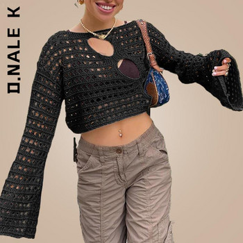 D.Nale K Y2K Hollow Out Knit Smock Top Дамски плетени пуловери Crop Tops Vintage Loose Distressed Fairy Cover-up Гръндж пуловер