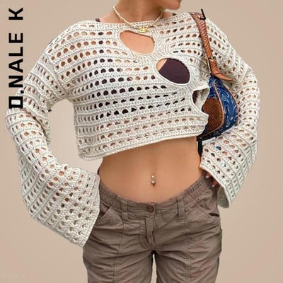 D.Nale K Y2K Hollow Out Knit Smock Top Γυναικεία Πουλόβερ με βελονάκι Crop Tops Vintage Loose Distressed Fairy Cover-up Grunge πουλόβερ