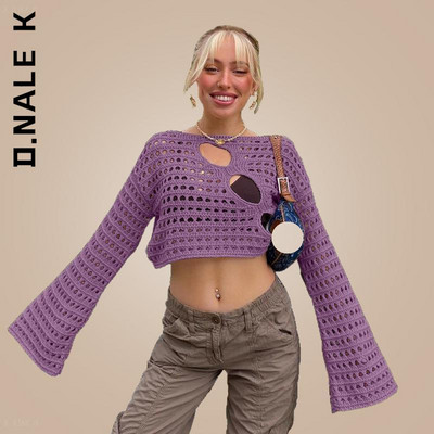 D.Nale K Y2K Hollow Out Knit Smock Top Γυναικεία Πουλόβερ με βελονάκι Crop Tops Vintage Loose Distressed Fairy Cover-up Grunge πουλόβερ