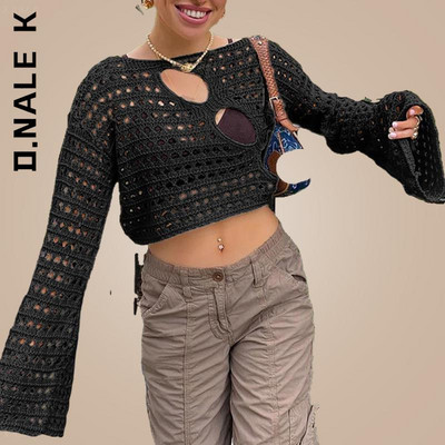 D.Nale K Y2K Hollow Out Knit Smock Top Γυναικεία Πουλόβερ με βελονάκι Crop Tops Vintage Loose Distressed Fairy Cover-up Grunge πουλόβερ