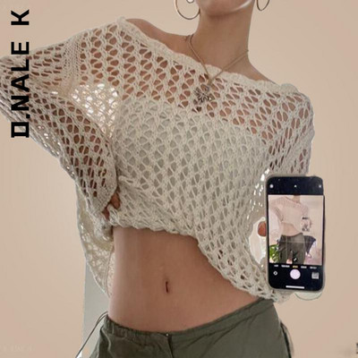 D.Nale K Y2K Hollow Out Knit Smock Top Γυναικεία Πουλόβερ με βελονάκι Crop Tops Vintage Loose Distressed Fairy Cover-up Grunge πουλόβερ