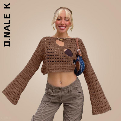 D.Nale K Y2K Hollow Out Knit Smock Top Γυναικεία Πουλόβερ με βελονάκι Crop Tops Vintage Loose Distressed Fairy Cover-up Grunge πουλόβερ