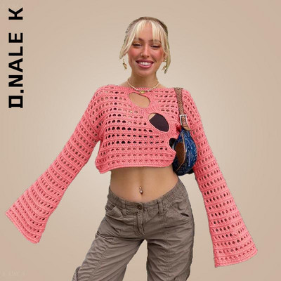 D.Nale K Y2K Hollow Out Knit Smock Top Γυναικεία Πουλόβερ με βελονάκι Crop Tops Vintage Loose Distressed Fairy Cover-up Grunge πουλόβερ