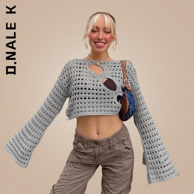 D.Nale K Y2K Hollow Out Knit Smock Top Γυναικεία Πουλόβερ με βελονάκι Crop Tops Vintage Loose Distressed Fairy Cover-up Grunge πουλόβερ