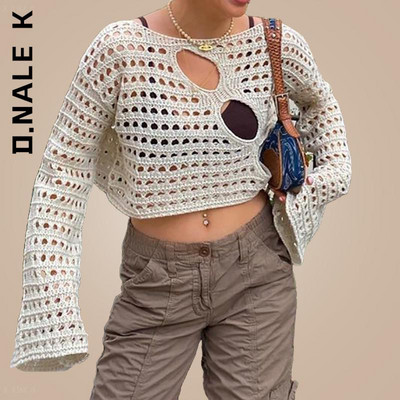 D.Nale K Y2K Hollow Out Knit Smock Top Γυναικεία Πουλόβερ με βελονάκι Crop Tops Vintage Loose Distressed Fairy Cover-up Grunge πουλόβερ