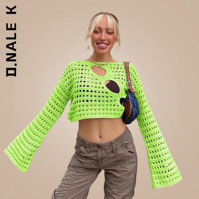 D.Nale K Y2K Hollow Out Knit Smock Top Γυναικεία Πουλόβερ με βελονάκι Crop Tops Vintage Loose Distressed Fairy Cover-up Grunge πουλόβερ
