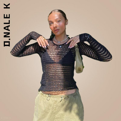 D.Nale K Y2K Hollow Out Knit Smock Top Γυναικεία Πουλόβερ με βελονάκι Crop Tops Vintage Loose Distressed Fairy Cover-up Grunge πουλόβερ