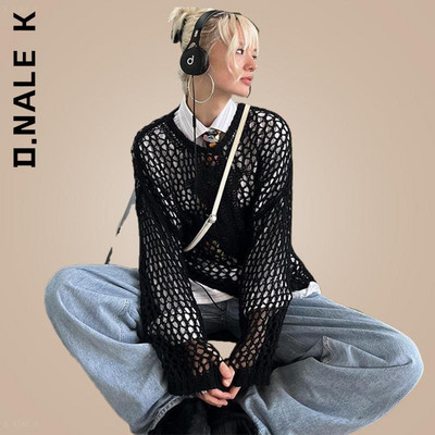 D.Nale K Y2K Hollow Out Knit Smock Top Γυναικεία Πουλόβερ με βελονάκι Crop Tops Vintage Loose Distressed Fairy Cover-up Grunge πουλόβερ