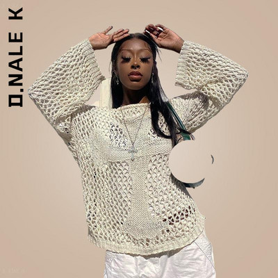 D.Nale K Y2K Hollow Out Knit Smock Top Γυναικεία Πουλόβερ με βελονάκι Crop Tops Vintage Loose Distressed Fairy Cover-up Grunge πουλόβερ