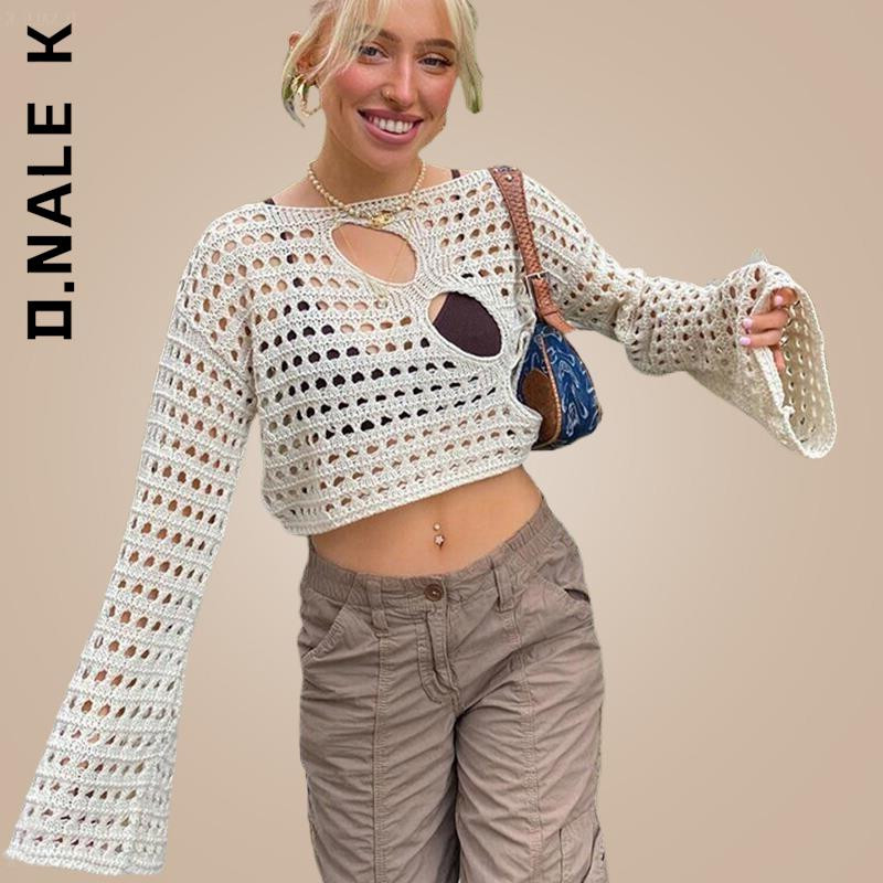 D.Nale K Y2K Hollow Out Knit Smock Top Γυναικεία Πουλόβερ με βελονάκι Crop Tops Vintage Loose Distressed Fairy Cover-up Grunge πουλόβερ
