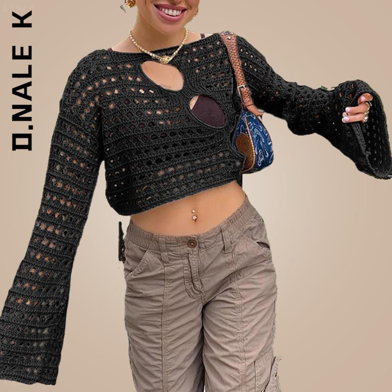 D.Nale K Y2K Hollow Out Knit Smock Top Γυναικεία Πουλόβερ με βελονάκι Crop Tops Vintage Loose Distressed Fairy Cover-up Grunge πουλόβερ