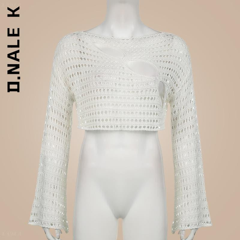 D.Nale K Y2K Hollow Out Knit Smock Top Γυναικεία Πουλόβερ με βελονάκι Crop Tops Vintage Loose Distressed Fairy Cover-up Grunge πουλόβερ